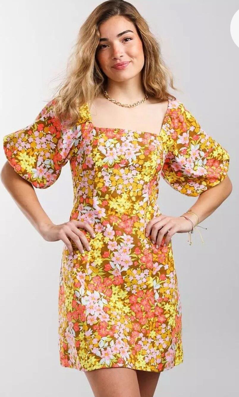 Billabong Paradise Days Floral Mini Dress M Off Shoulder Puff Sleeve Boho